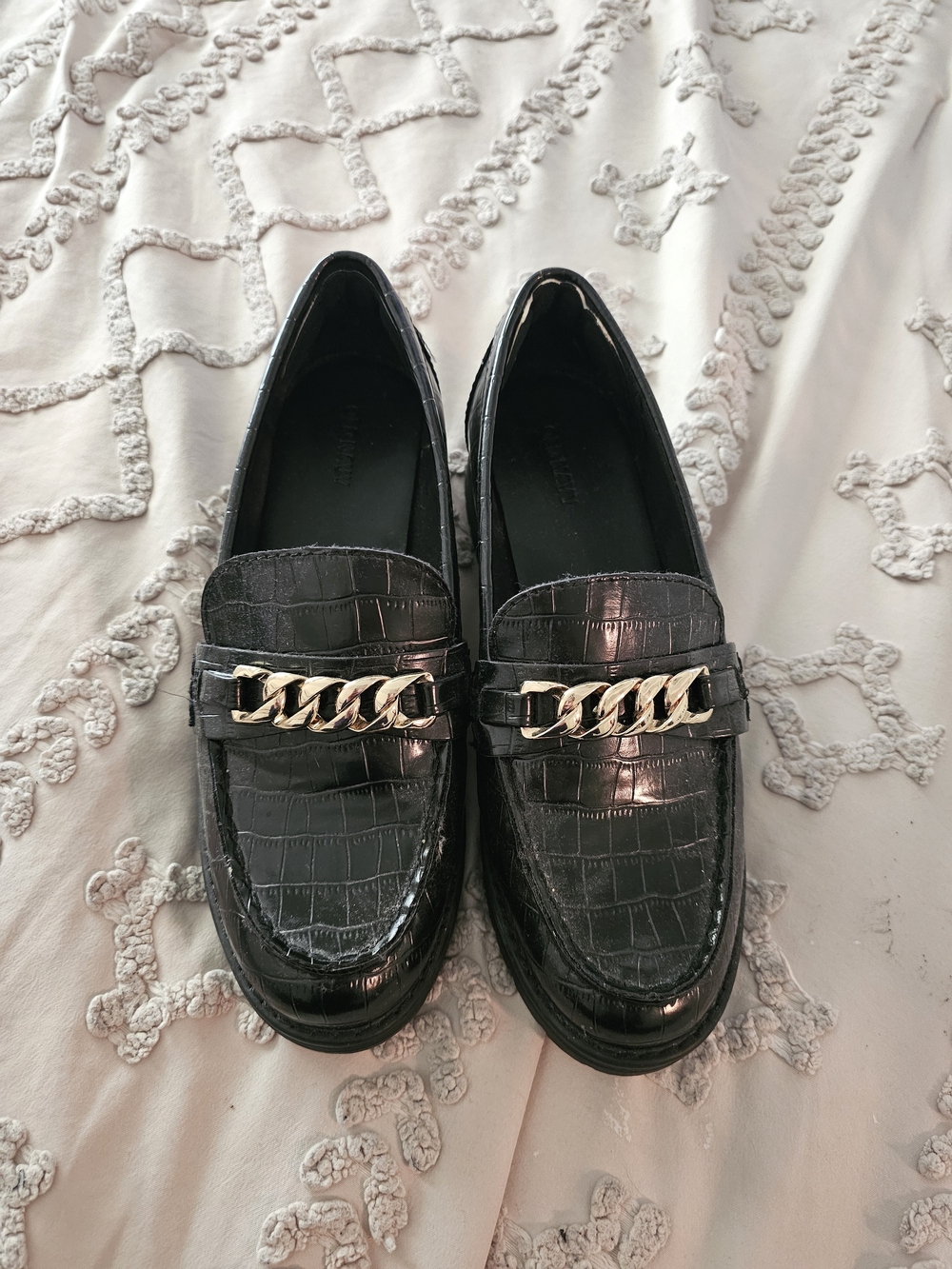 Black Croc-Embossed Chain Loafers